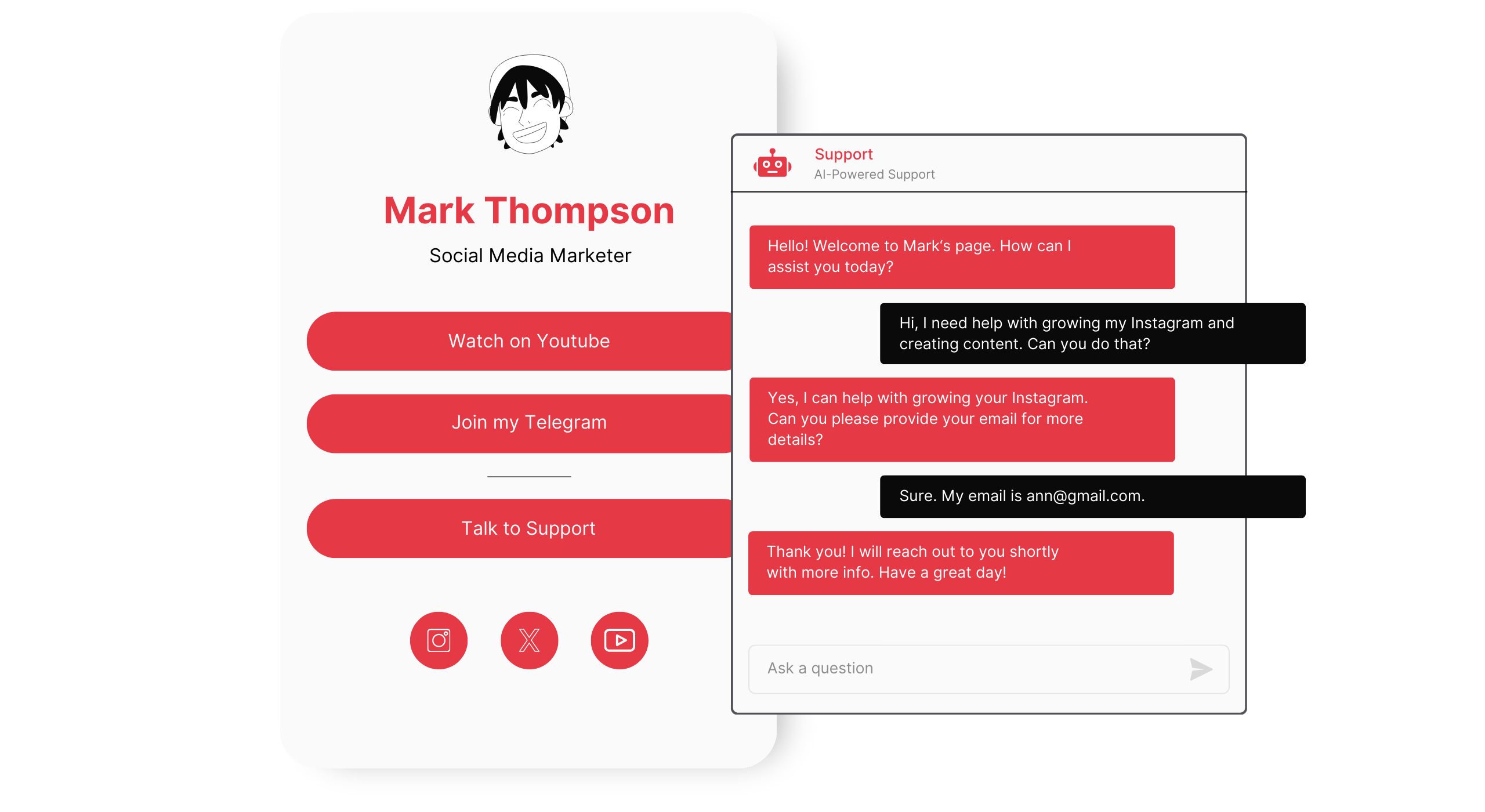 Screenshot of the personal page builder with AI chatbot.